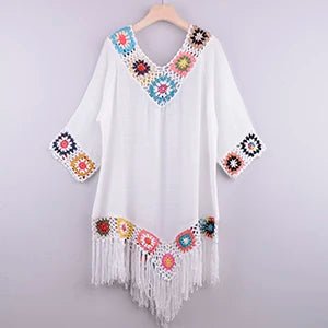 Ażurowa tunika plażowa z haftem i frędzlami w stylu boho - Senséra