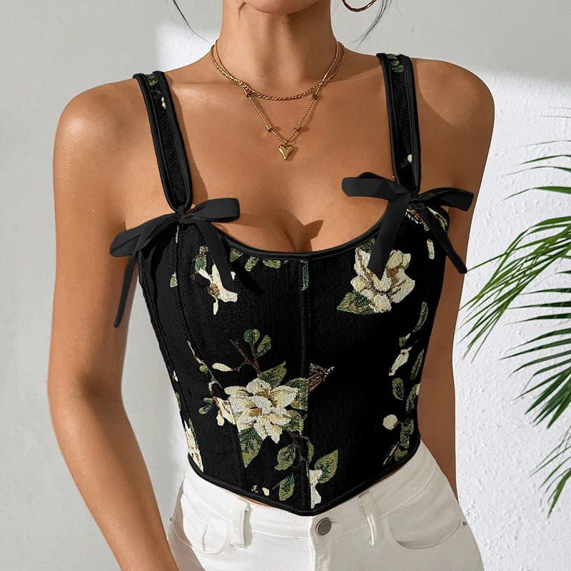 Kwiatowy gorsetowy top damski z haftem i wiązanymi ramiączkami w stylu vintage - Senséra