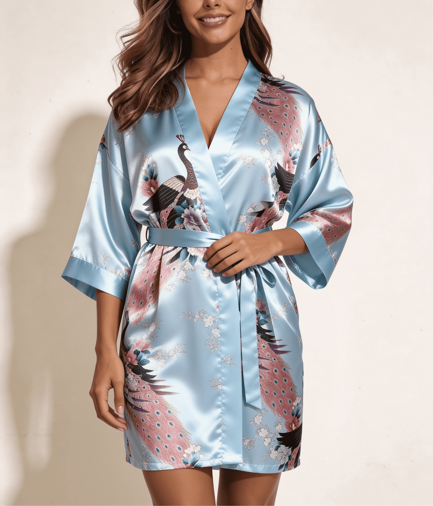 Satynowy szlafrok damski w kwiatowy wzór z orientalnym motywem kimono - Senséra