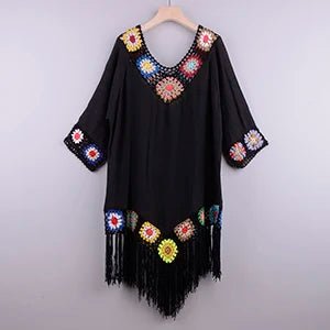 Ażurowa tunika plażowa z haftem i frędzlami w stylu boho - Senséra