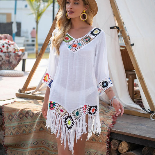 Ażurowa tunika plażowa z haftem i frędzlami w stylu boho - Senséra