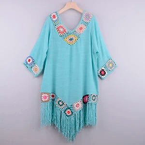 Ażurowa tunika plażowa z haftem i frędzlami w stylu boho - Senséra