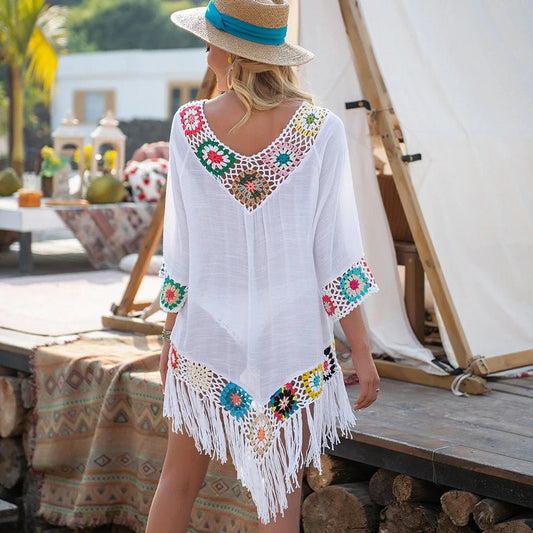 Ażurowa tunika plażowa z haftem i frędzlami w stylu boho - Senséra