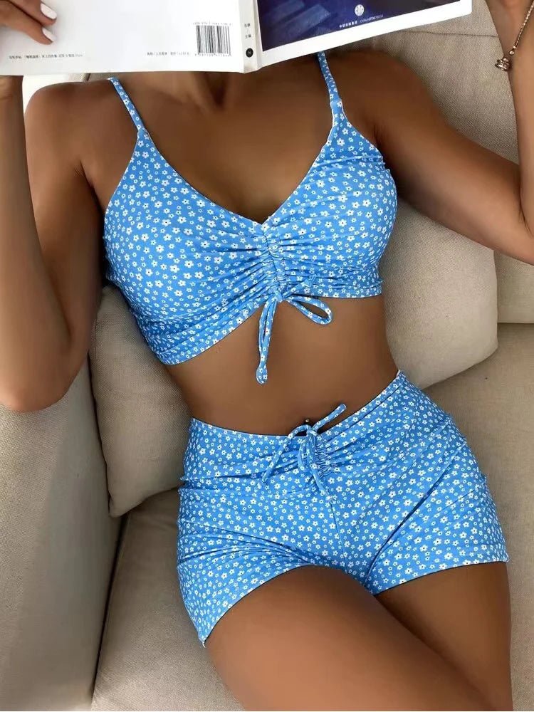 Bikini retro w drobny print z wysokim stanem i topem typu bralette - Senséra