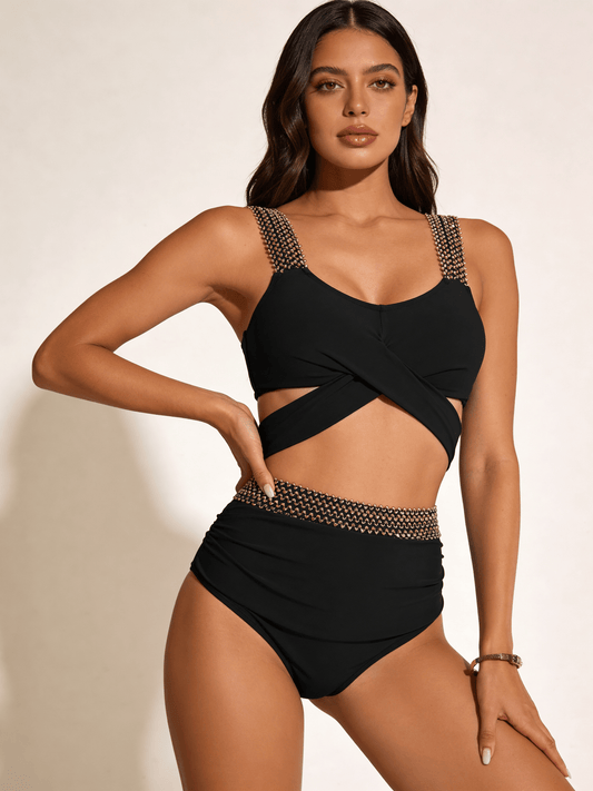 Bikini z wysokim stanem i krzyżowanym topem z biżuteryjnymi ramiączkami - Senséra
