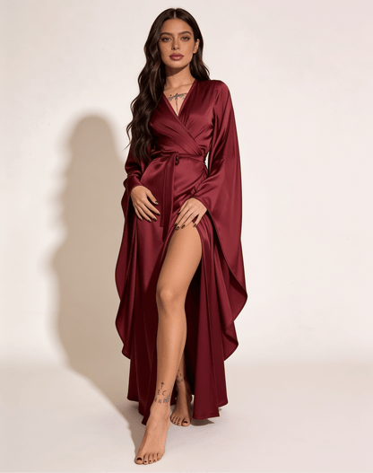 Długi szlafrok satynowy damski oversize z szerokimi rękawami kimono - Senséra