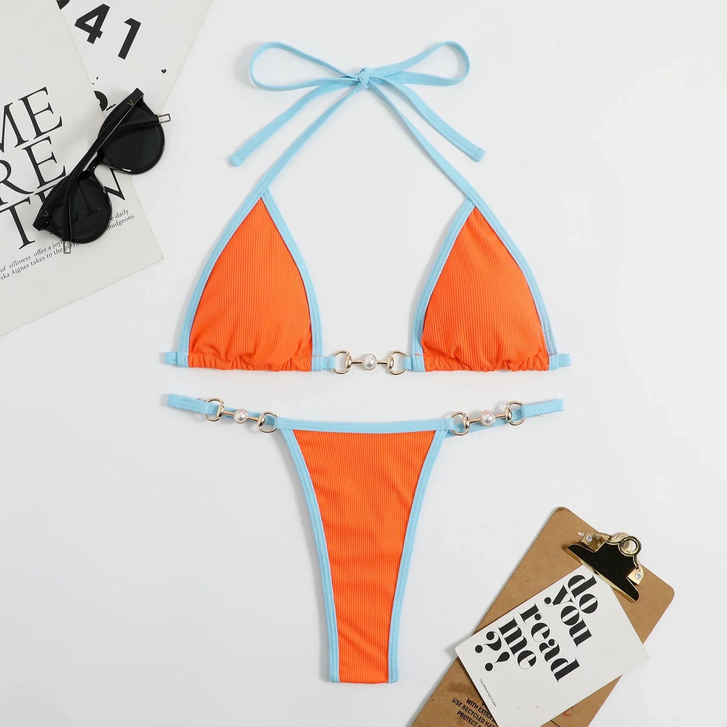 Dwuczęściowe bikini neonowe z kontrastowym wykończeniem i wiązaniem na szyi - Senséra