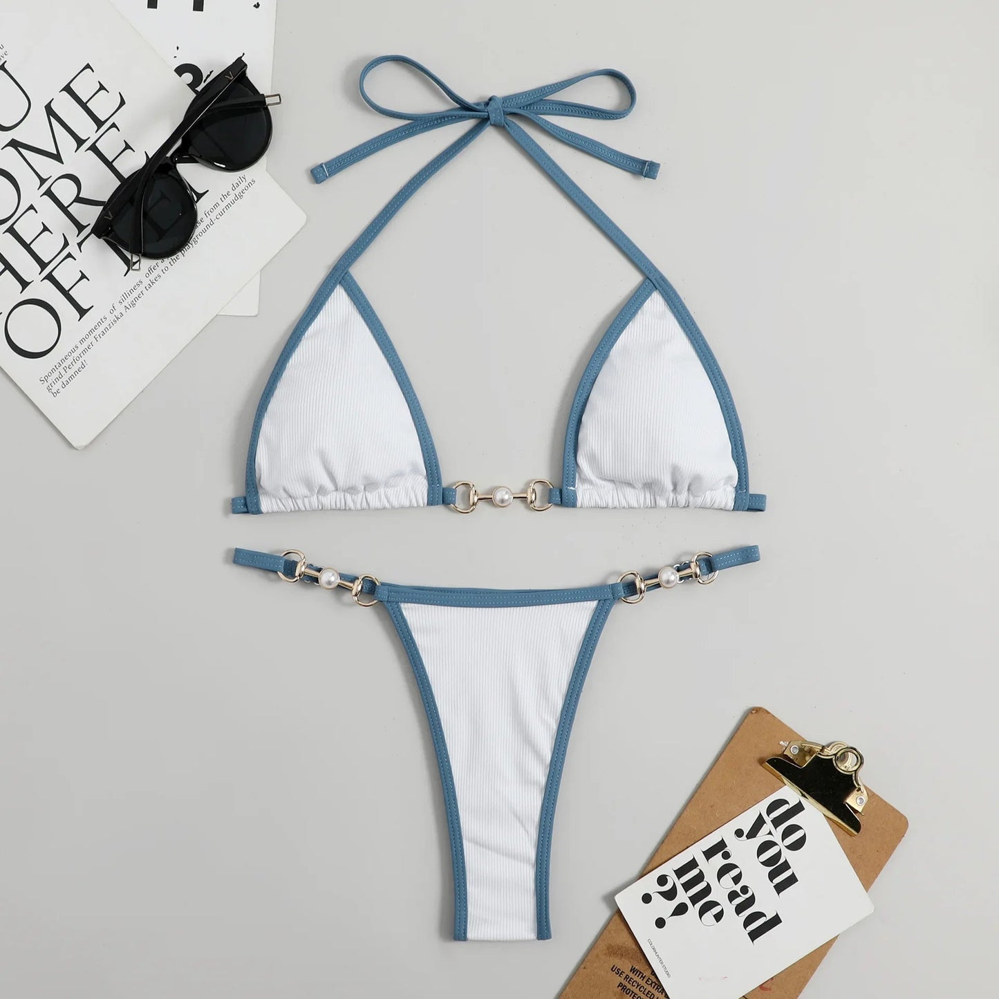 Dwuczęściowe bikini neonowe z kontrastowym wykończeniem i wiązaniem na szyi - Senséra