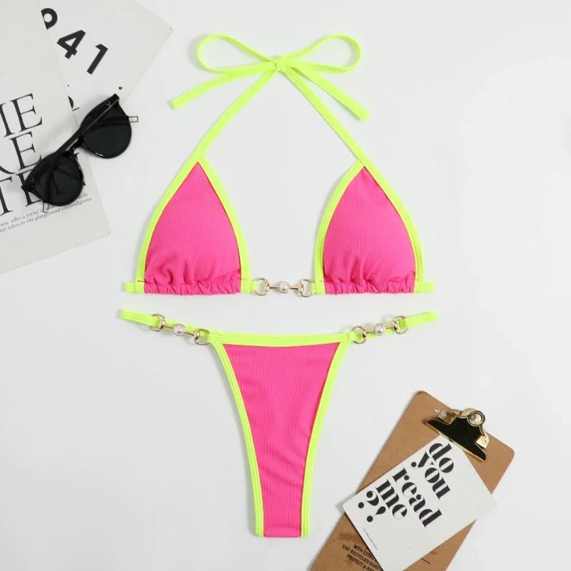 Dwuczęściowe bikini neonowe z kontrastowym wykończeniem i wiązaniem na szyi - Senséra