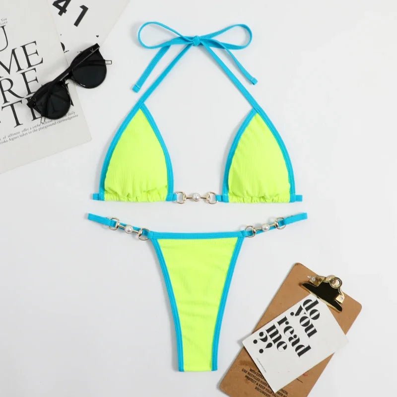 Dwuczęściowe bikini neonowe z kontrastowym wykończeniem i wiązaniem na szyi - Senséra