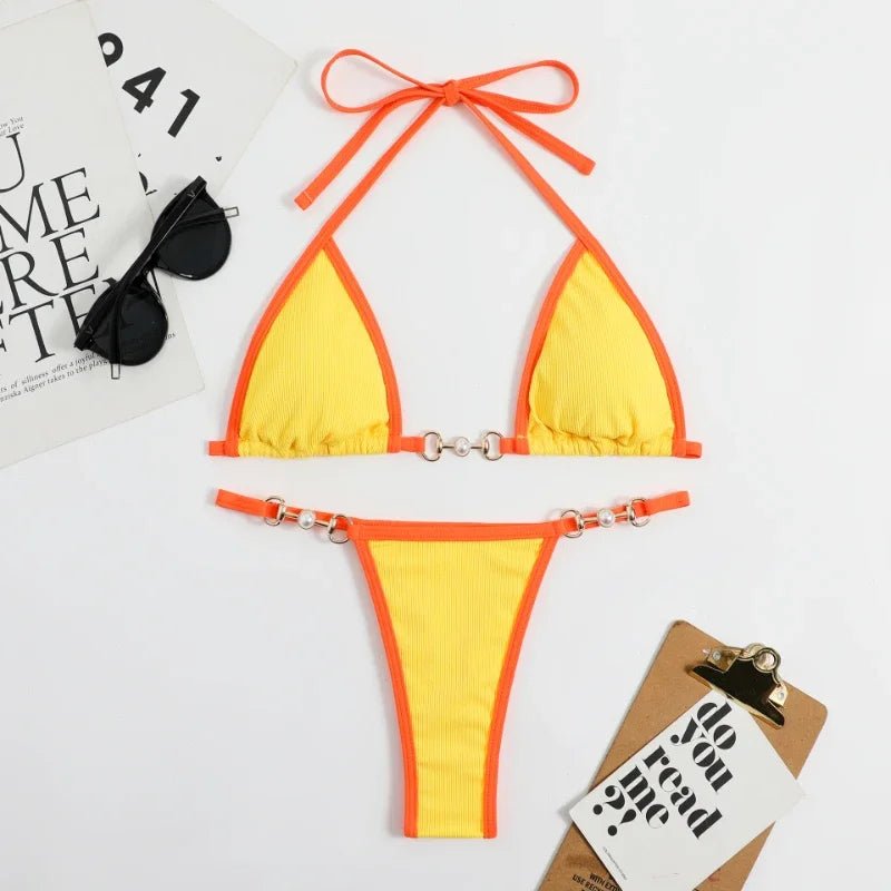 Dwuczęściowe bikini neonowe z kontrastowym wykończeniem i wiązaniem na szyi - Senséra