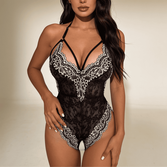 Koronkowe body halter z kontrastowym haftem i głębokim dekoltem - Senséra