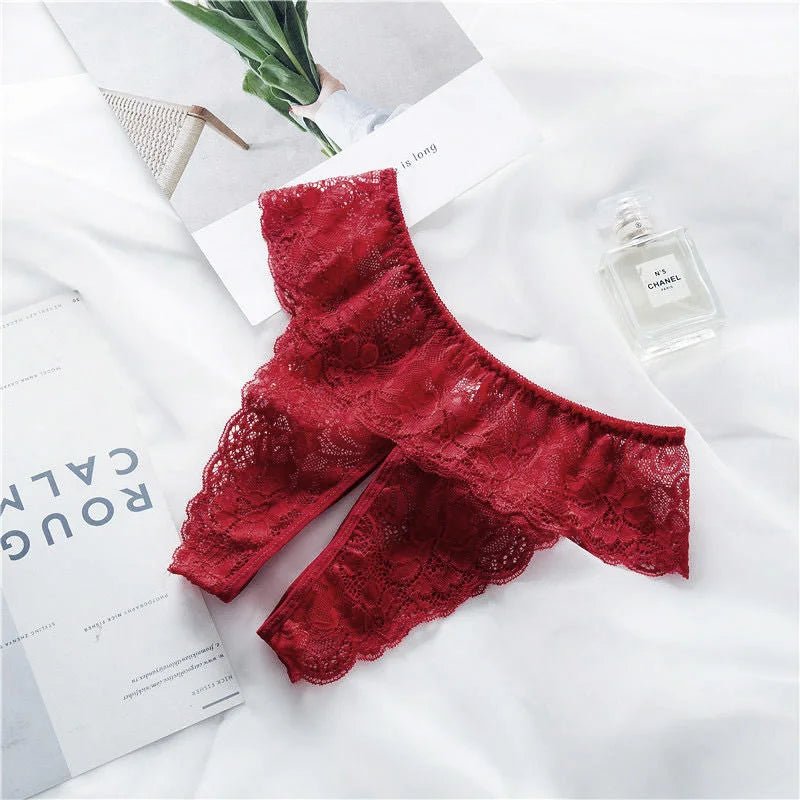 Koronkowe stringi damskie z otwartym krokiem transparentne plus size - Senséra