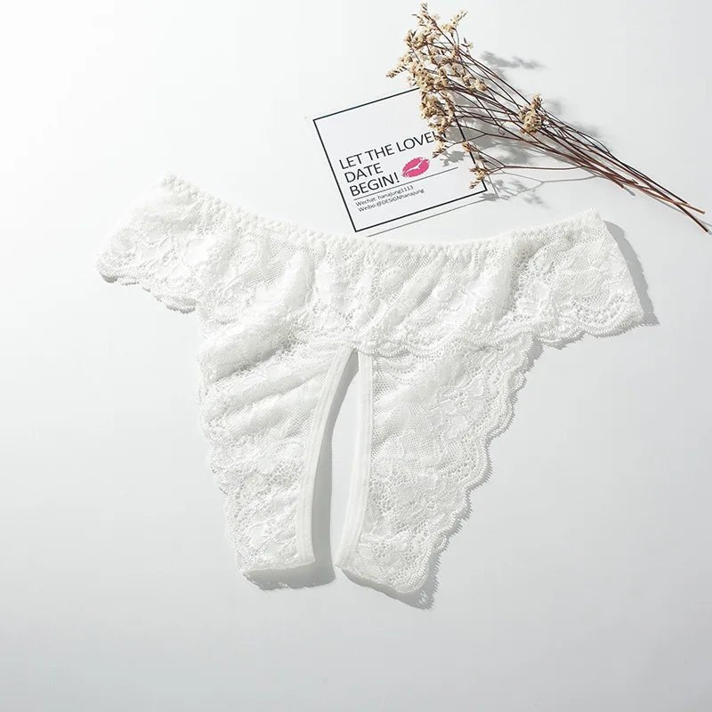 Koronkowe stringi damskie z otwartym krokiem transparentne plus size - Senséra