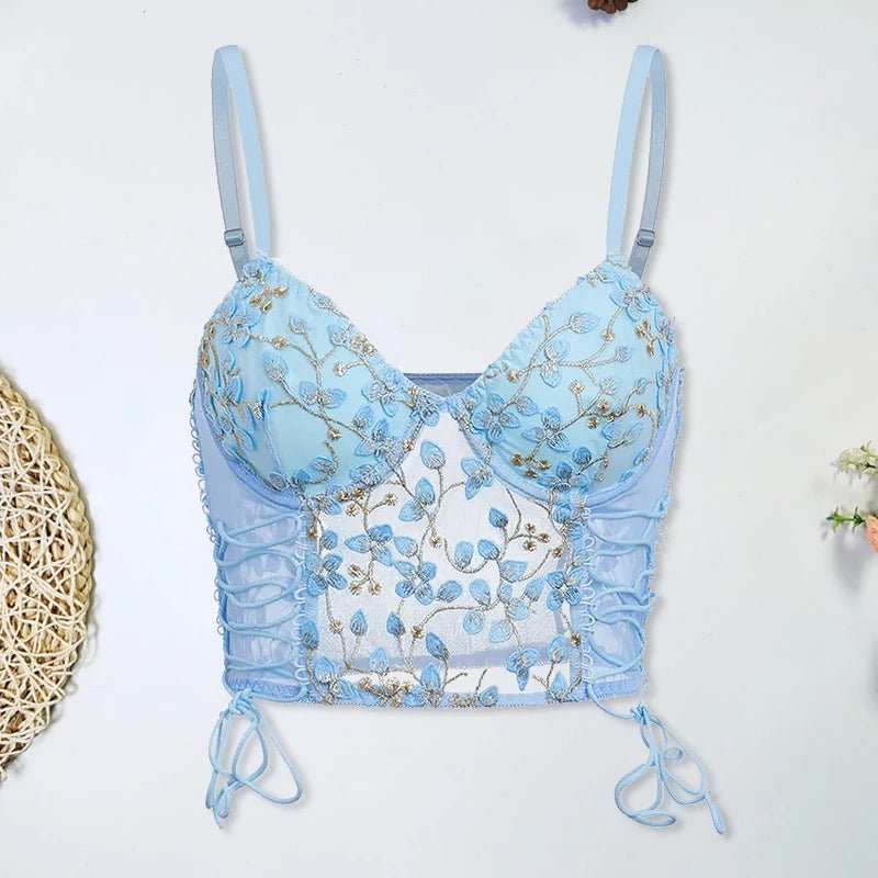 Koronkowy biustonosz gorsetowy z haftem kwiatowym i wiązaniem po bokach - Senséra