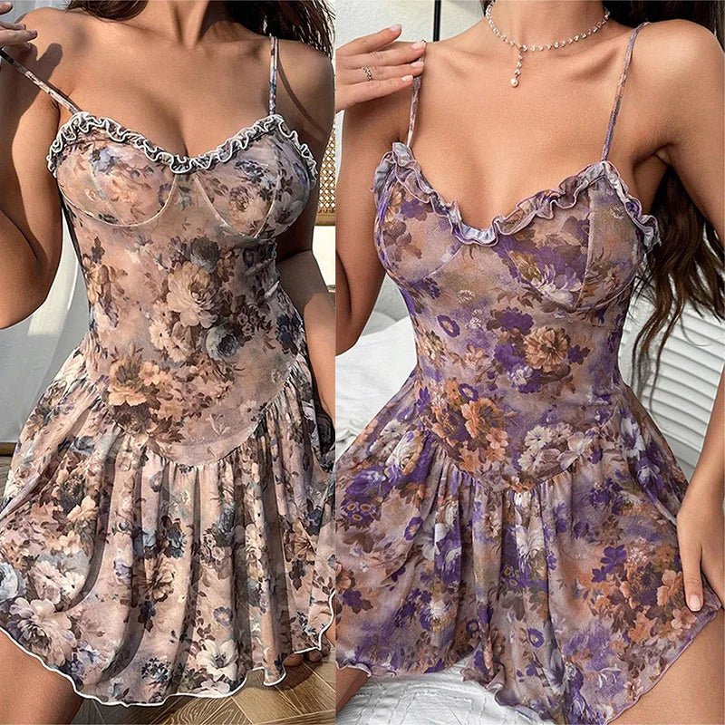 Kwiatowa koszula nocna babydoll z transparentnej siateczki na ramiączkach - Senséra