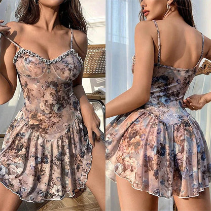 Kwiatowa koszula nocna babydoll z transparentnej siateczki na ramiączkach - Senséra