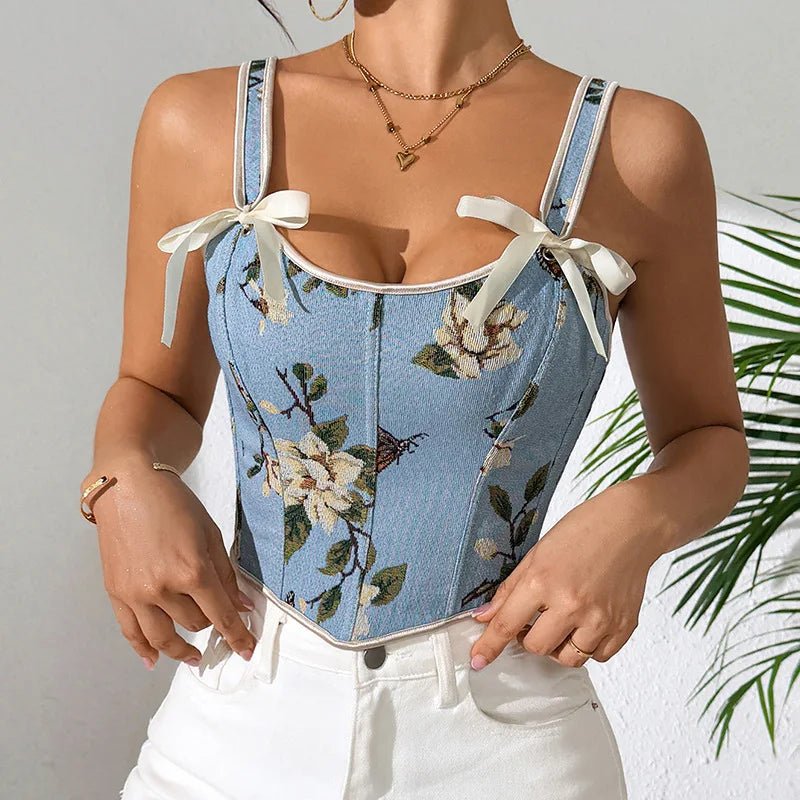 Kwiatowy gorsetowy top damski z haftem i wiązanymi ramiączkami w stylu vintage - Senséra