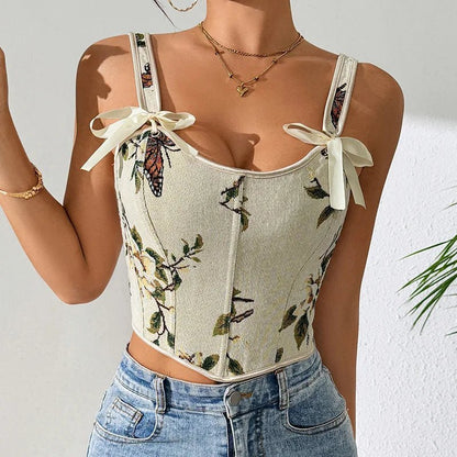 Kwiatowy gorsetowy top damski z haftem i wiązanymi ramiączkami w stylu vintage - Senséra