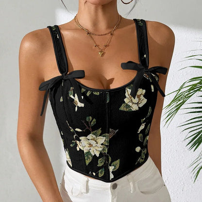 Kwiatowy gorsetowy top damski z haftem i wiązanymi ramiączkami w stylu vintage - Senséra