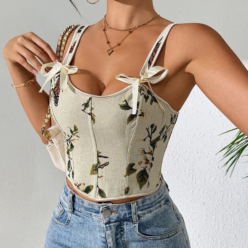 Kwiatowy gorsetowy top damski z haftem i wiązanymi ramiączkami w stylu vintage - Senséra