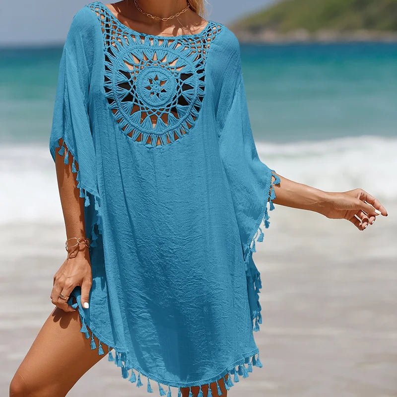 Luźna tunika plażowa z ażurowym wzorem i frędzlami w stylu boho - Senséra