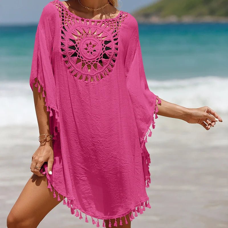 Luźna tunika plażowa z ażurowym wzorem i frędzlami w stylu boho - Senséra