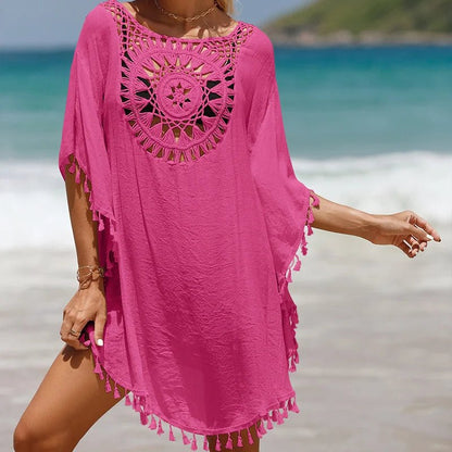 Luźna tunika plażowa z ażurowym wzorem i frędzlami w stylu boho - Senséra