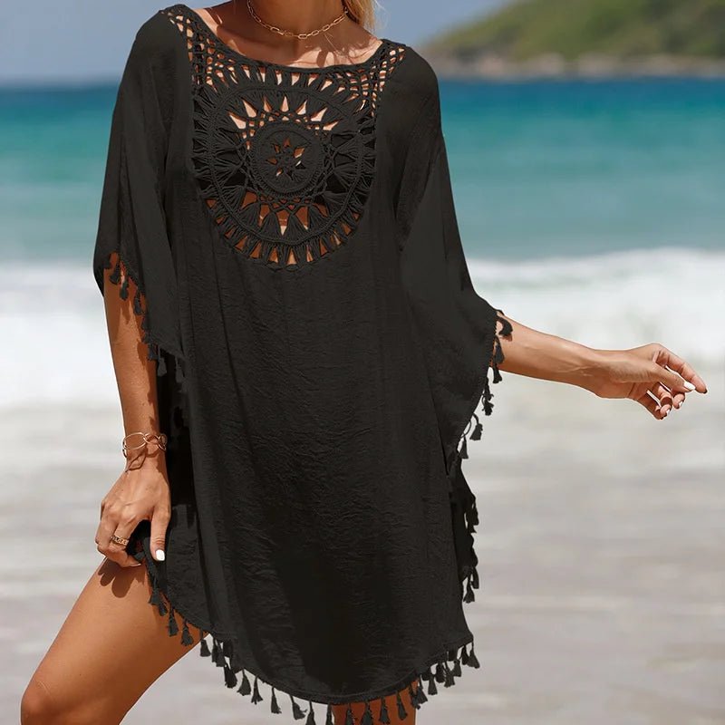 Luźna tunika plażowa z ażurowym wzorem i frędzlami w stylu boho - Senséra
