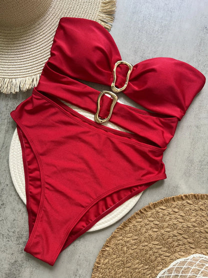 Monokini bandeau z wycięciami i ozdobnymi złotymi klamrami - Senséra