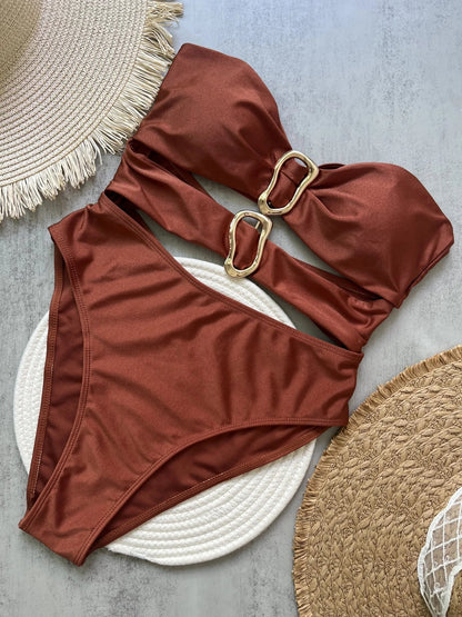Monokini bandeau z wycięciami i ozdobnymi złotymi klamrami - Senséra