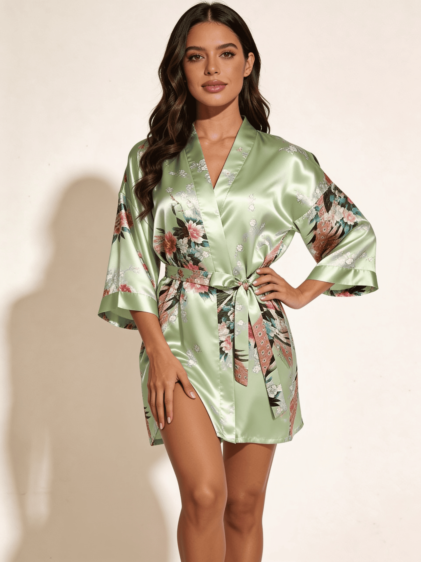 Satynowy szlafrok damski w kwiatowy wzór z orientalnym motywem kimono - Senséra