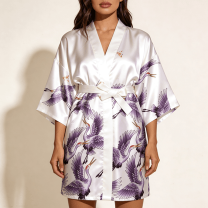 Satynowy szlafrok kimono damski z motywem żurawi i wiązaniem w talii - Senséra