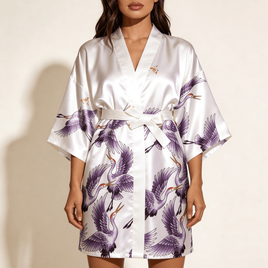 Satynowy szlafrok kimono damski z motywem żurawi i wiązaniem w talii - Senséra
