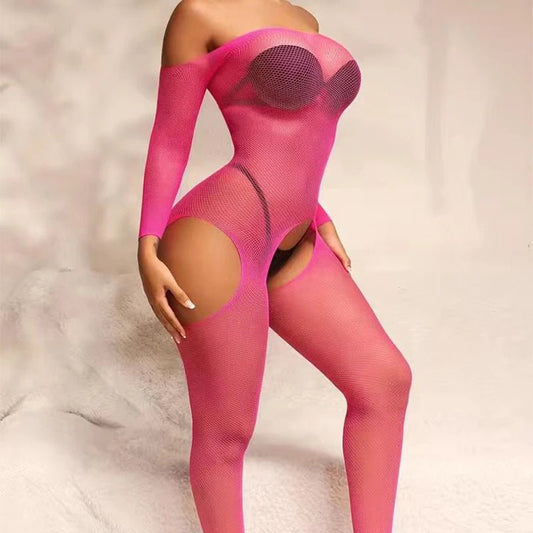 Siateczkowy bodystocking z odkrytymi ramionami i wycięciami w intensywnym stylu - Senséra