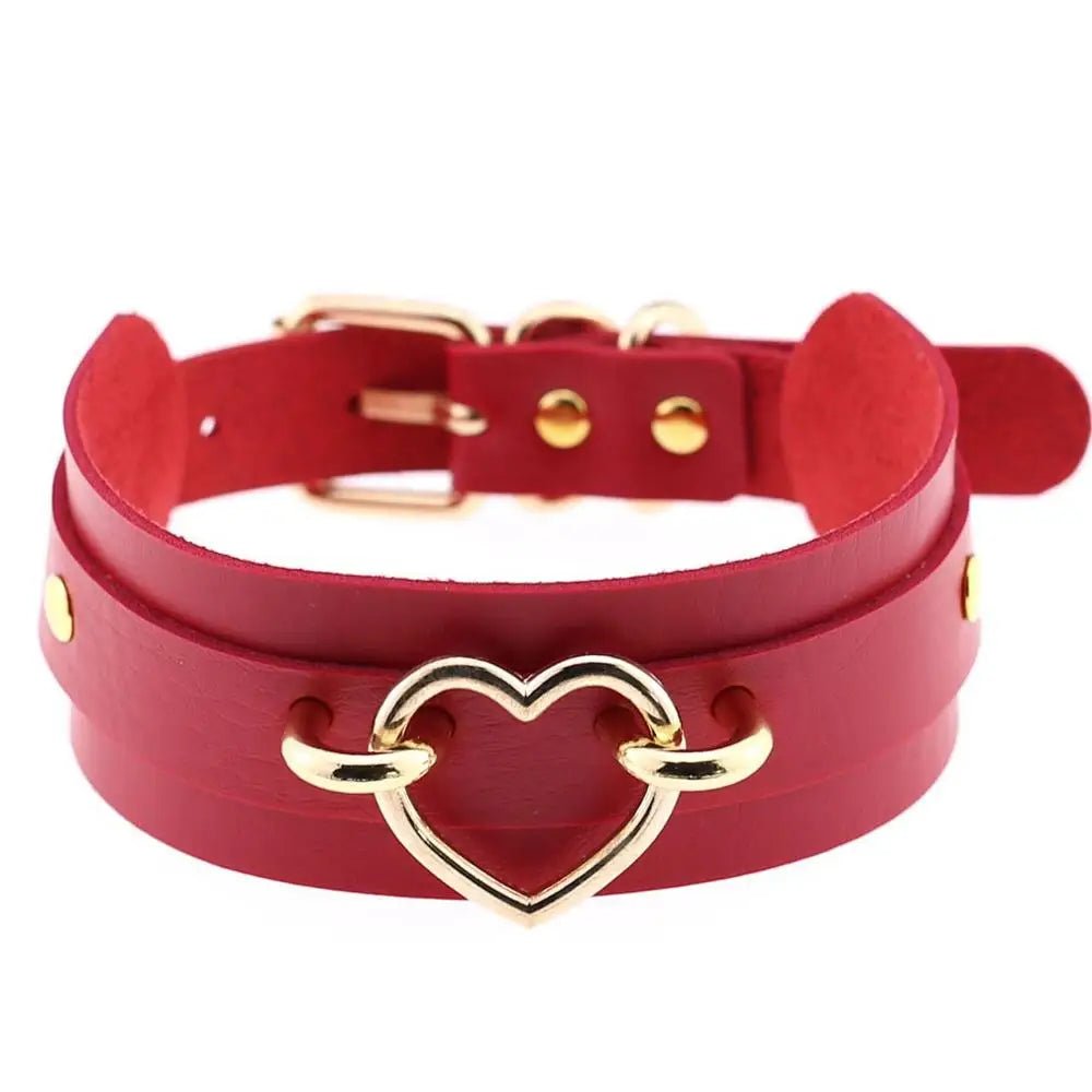 Skórzany choker z sercem i metalowymi detalami w stylu goth - Senséra