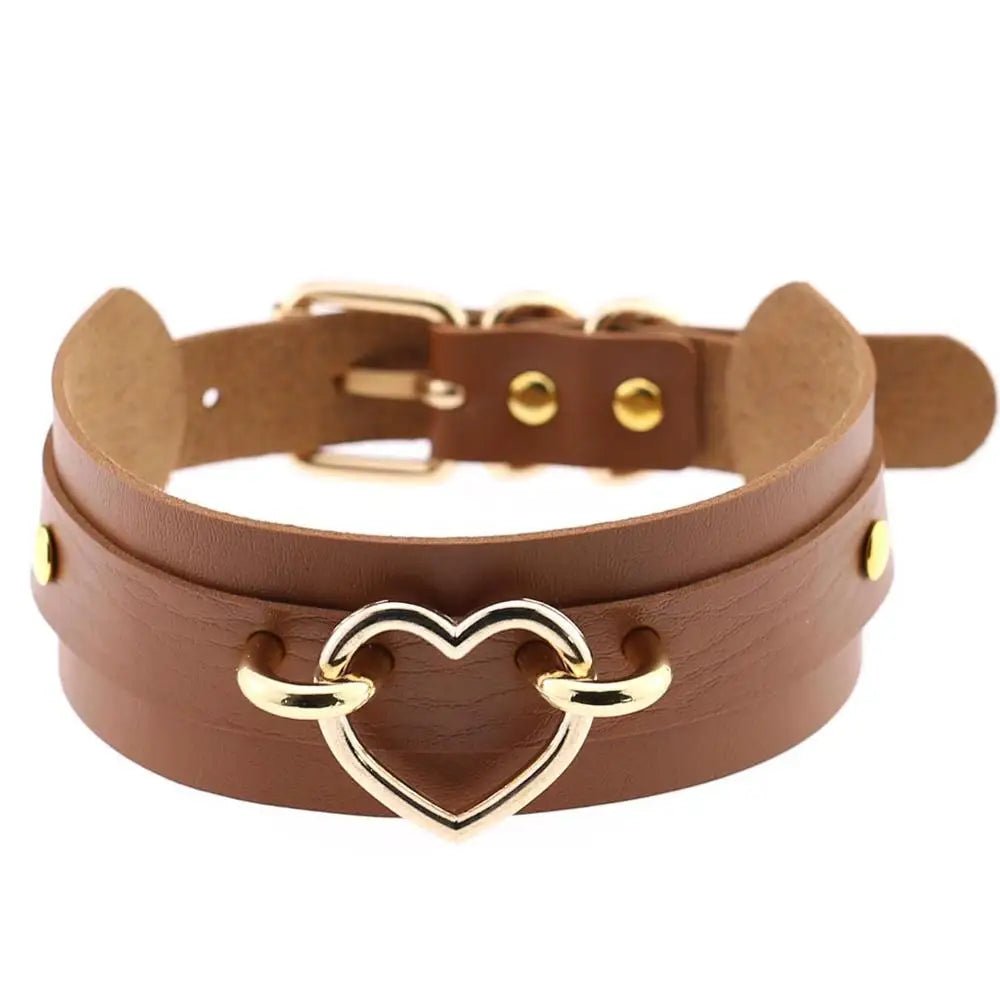 Skórzany choker z sercem i metalowymi detalami w stylu goth - Senséra