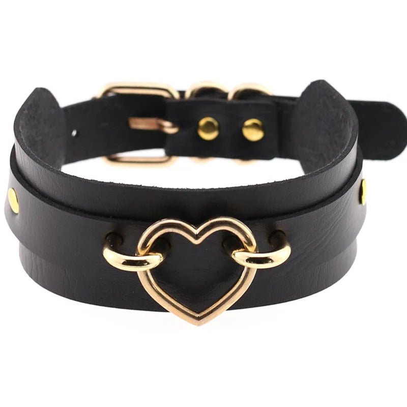 Skórzany choker z sercem i metalowymi detalami w stylu goth - Senséra