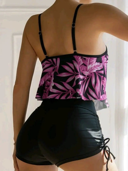 Tankini z luźnym topem w liście i wysokim stanem z marszczeniem - Senséra