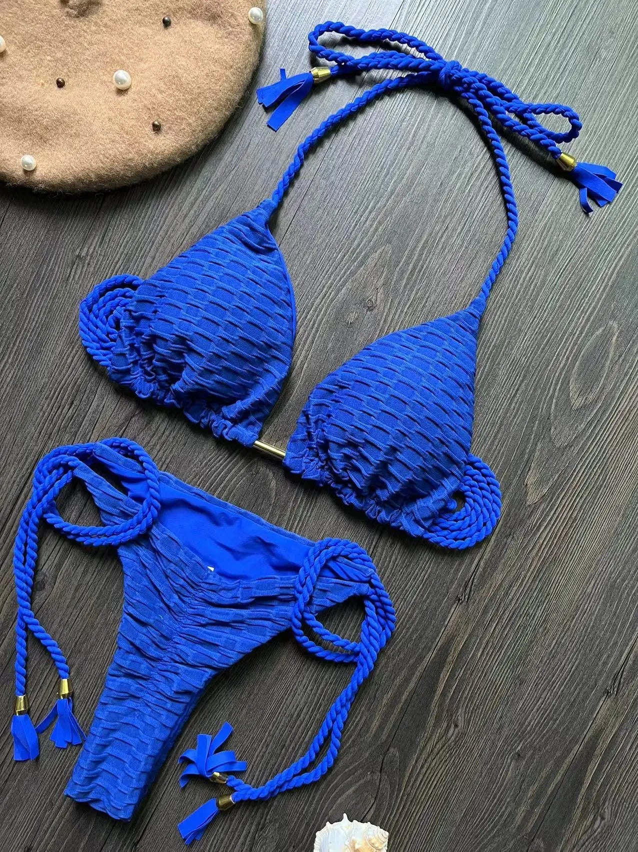 Teksturowane bikini z plecionymi wiązaniami i trójkątnym topem - Senséra
