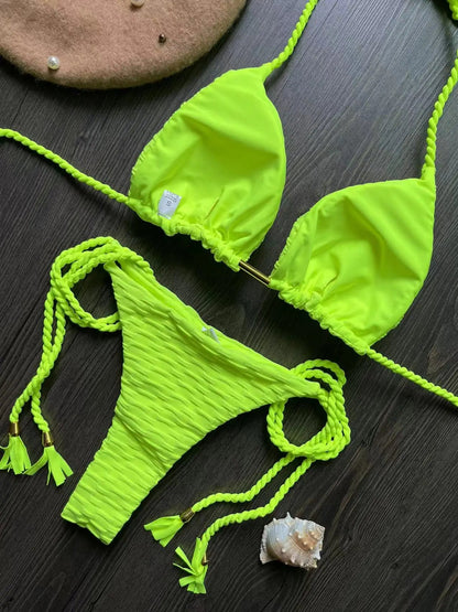 Teksturowane bikini z plecionymi wiązaniami i trójkątnym topem - Senséra