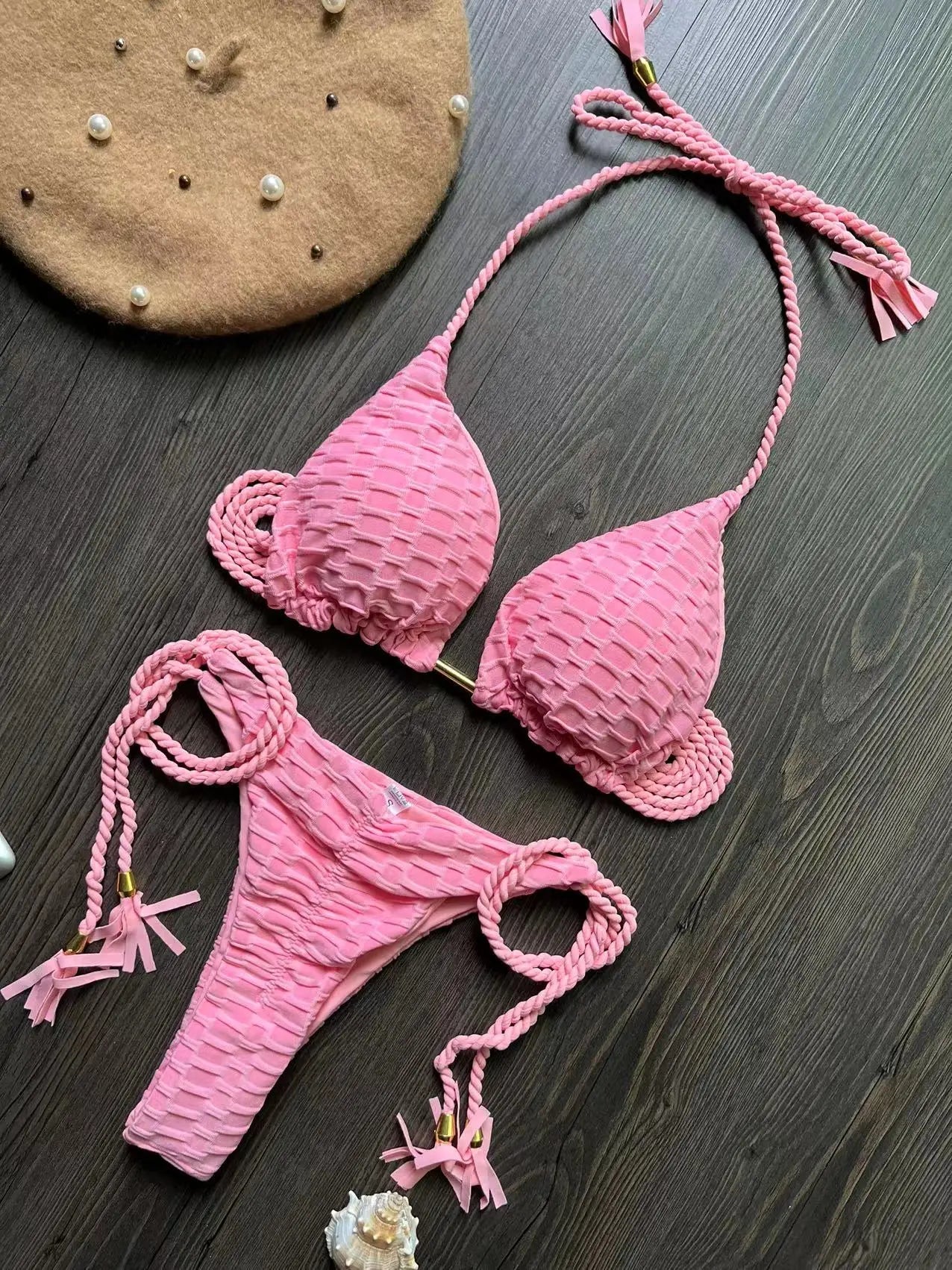 Teksturowane bikini z plecionymi wiązaniami i trójkątnym topem - Senséra