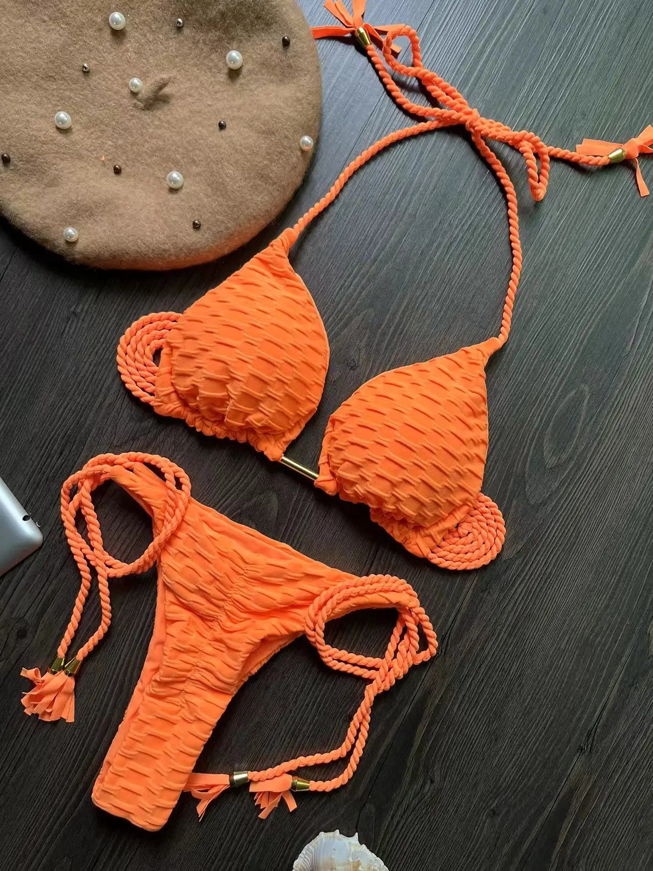 Teksturowane bikini z plecionymi wiązaniami i trójkątnym topem - Senséra