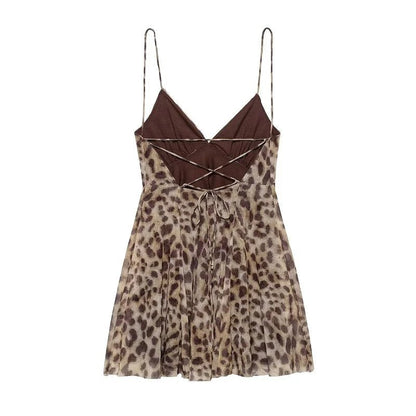 Tiulowa mini sukienka na ramiączkach w leopardzi wzór z odkrytymi plecami - Senséra