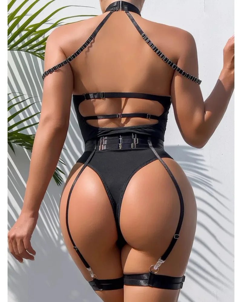 Transparentne body z siateczki z paskami harness i pasem do pończoch - Senséra