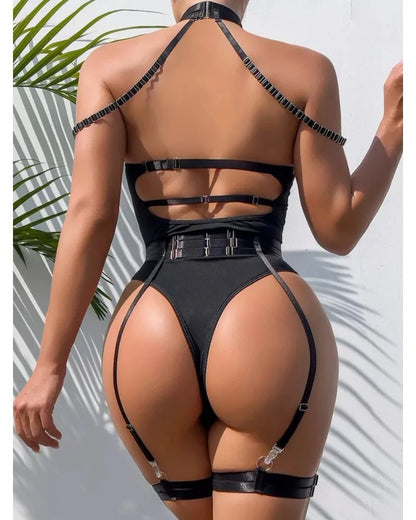 Transparentne body z siateczki z paskami harness i pasem do pończoch - Senséra