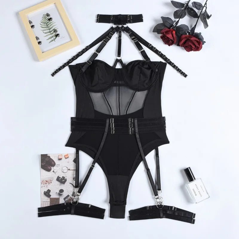 Transparentne body z siateczki z paskami harness i pasem do pończoch - Senséra