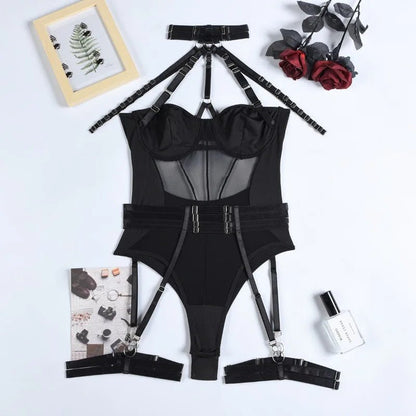 Transparentne body z siateczki z paskami harness i pasem do pończoch - Senséra